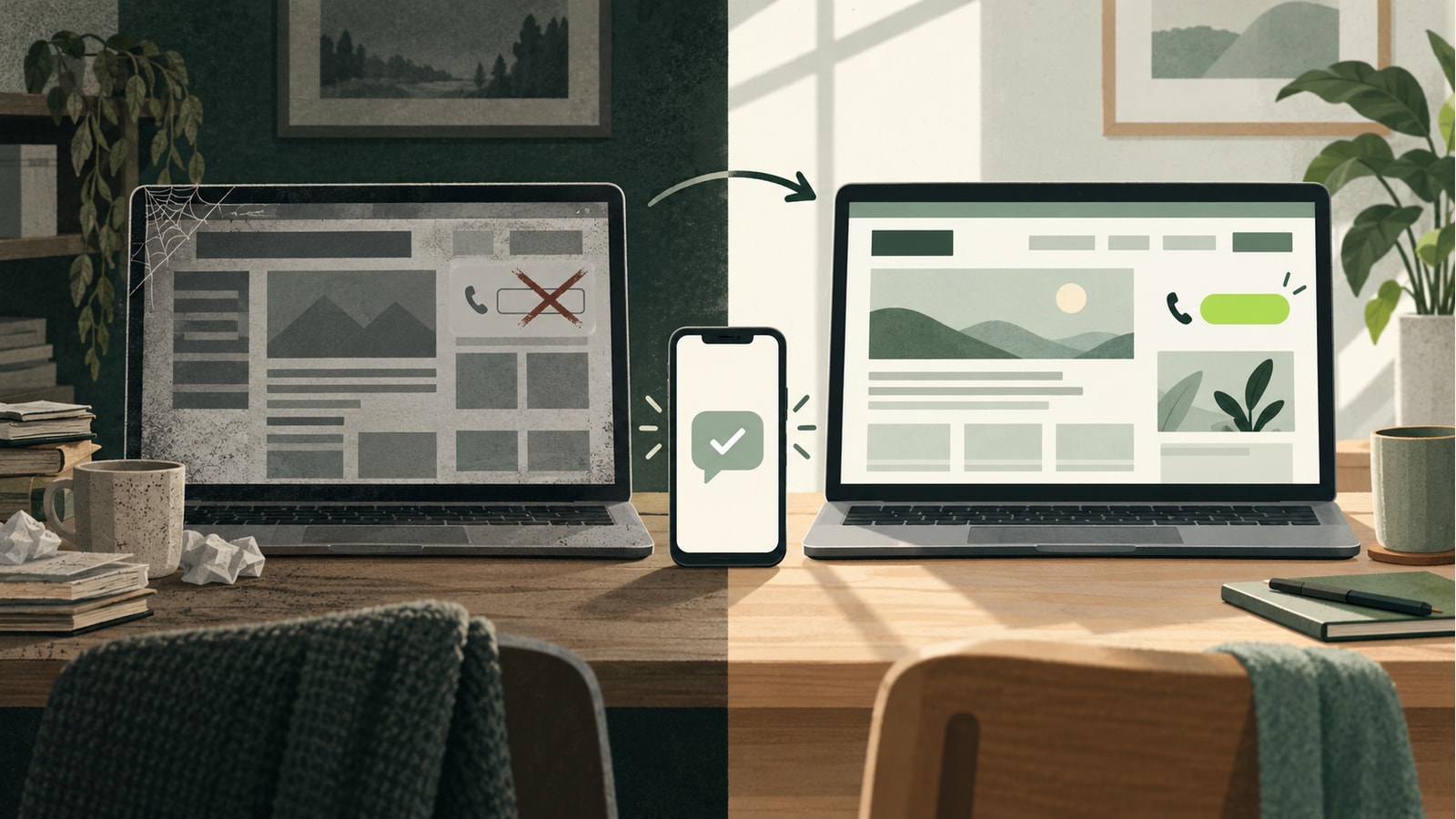 Illustration of an out-of-date website made clean and current by a message.