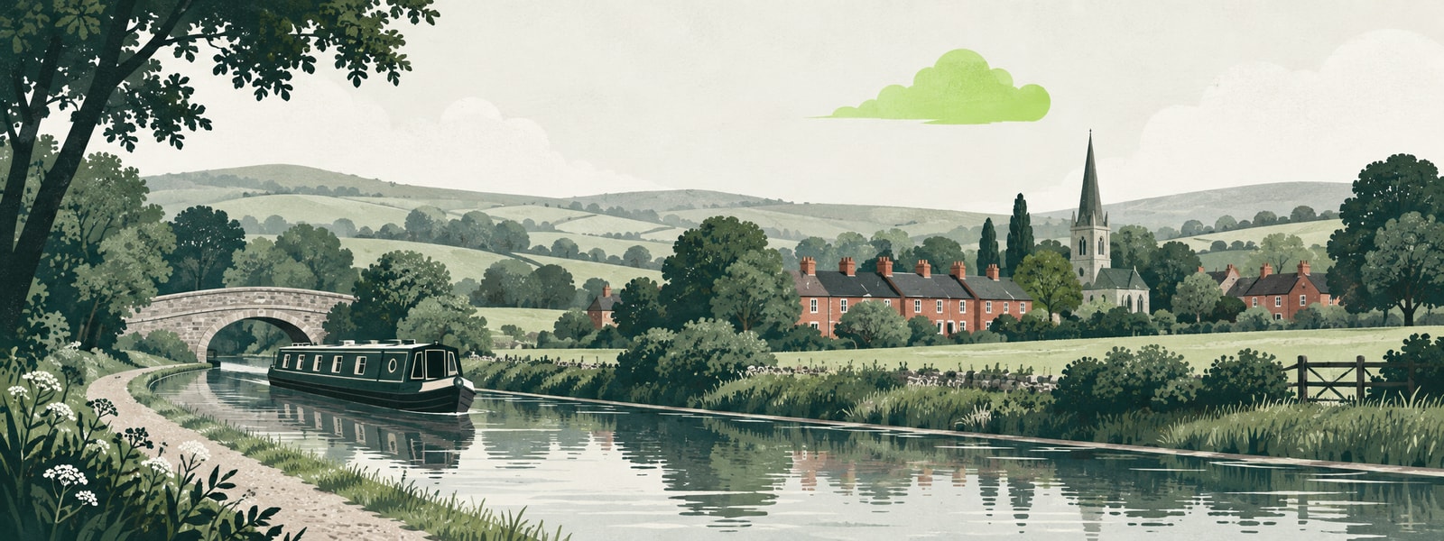 Illustration of the Shropshire countryside and a red-brick town.